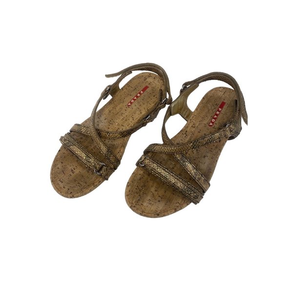 Prada Gold & Tan Reptile Leather Cork Sandals - Picture 2 of 9